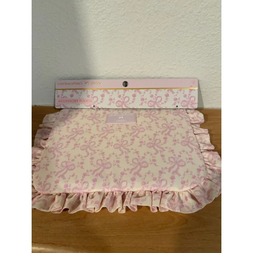 LoveShackFancy x Yoobi Ruffle Accessory Pouch Pink Bow Floral Cosmetic Bag NWT
